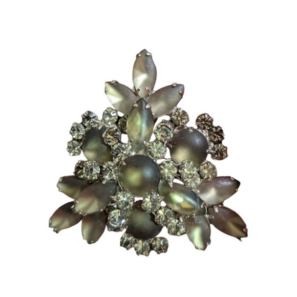 Vintage Brooch  pin With Frosted  Floral Rhinestone Gray  Green clear Estate - Picture 1 of 7